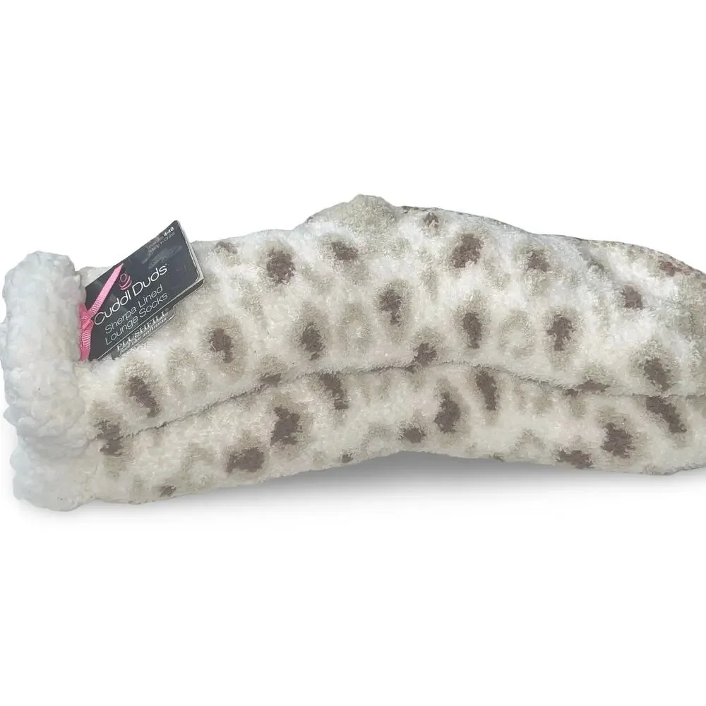 Cuddl Duds Sherpa Lined Lounge Socks Cream Brown Leopard Spot Slipper 4-10